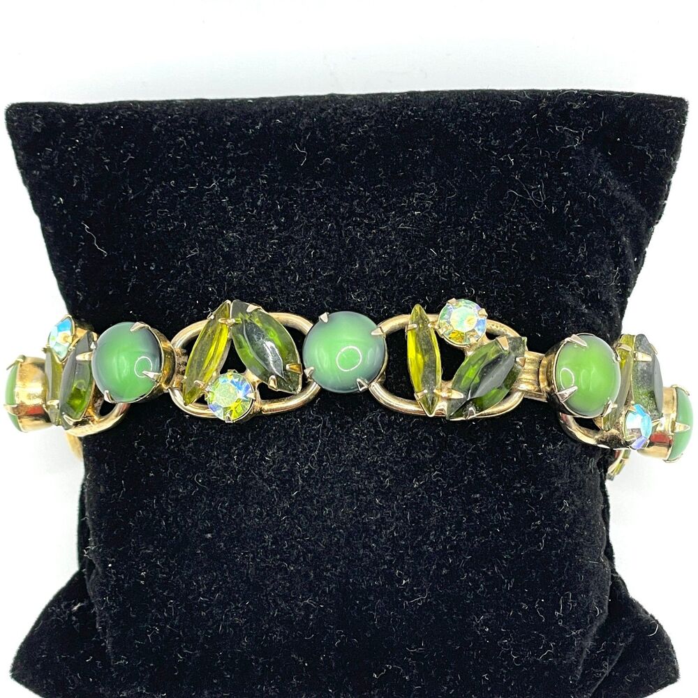 Juliana DeLizza & Elster Vintage Green Rhinestone Glass Bracelet #6700 - Picture 2 of 13